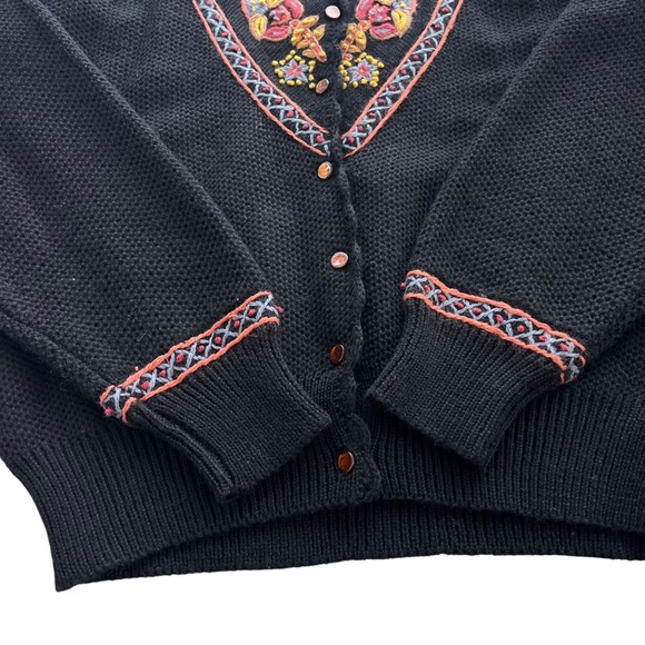 Herman Geist Sm Black Floral Hand Embroidered Wool Cardigan, Sweater Cottagecore - Picture 12 of 16